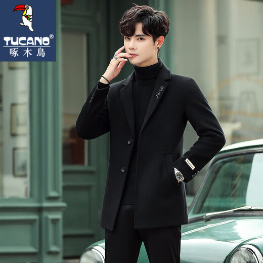 Woodpecker (TUCANO) Autumn and Winter Woolen Jacket Coat Men's Korean Style Trendy Thickened Mid-Length Woolen Jacket Men's Windbreaker Short Letter Black XL (115-130Jin Jin is equal to 0.5kg)