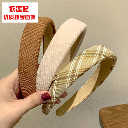 CHUXIANG Japanese retro striped plaid headband wide-brimmed children's headband women's simple and versatile non-damaging hair card face wash hair accessory plaid khaki A07-201