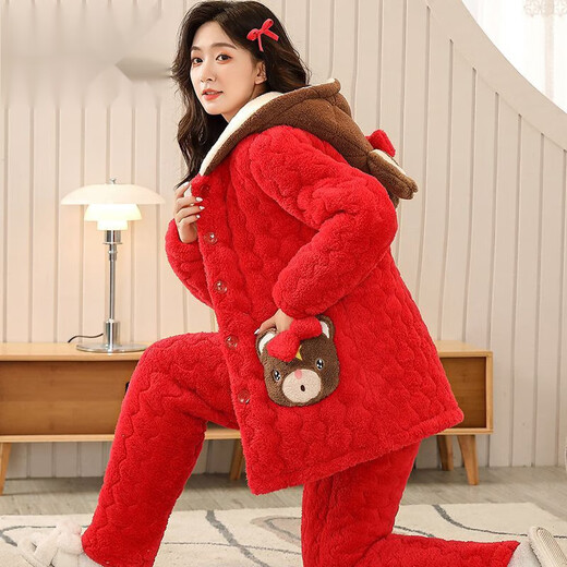 Modal pajamas for women in winter, three-layer thickened cotton coral velvet flannel in autumn and winter, warm home clothes can be worn outside. 9901 blue [medium-length style] M [suitable for 80-100Jin [Jin equals 0.5 kg]]