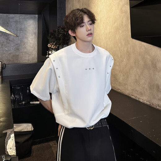 Camiseta de manga corta para hombres y mujeres con viento de viento alto QGF High Street High Gram Camiseta de manga corta para hombres y mujeres Camiseta suelta Top DSA070-CD1049 Black XL [sugerido 120-135 Jin [Jin equivale a 0.5 kg]]