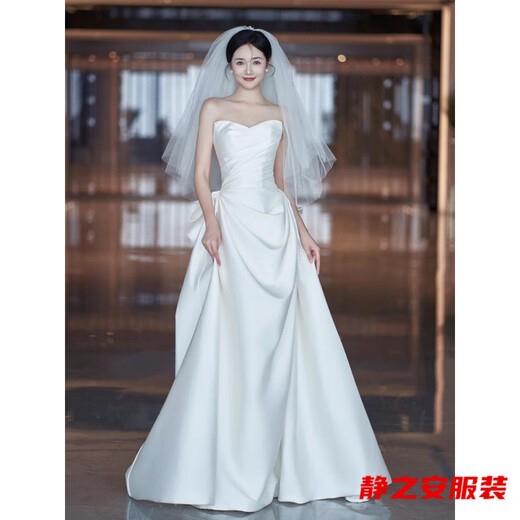 
Mafeixuan French satin light wedding dress new style bride simple strapless tiara small tail white welcome dress white wedding dress + butterfly S 160