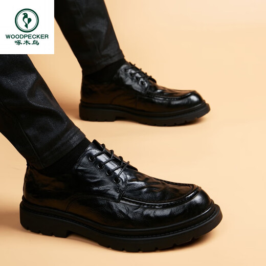 Woodpecker spring and autumn new men's shoes business casual leather shoes thick-soled leather shoes large leather shoes men's wide-head men's leather shoes black 37