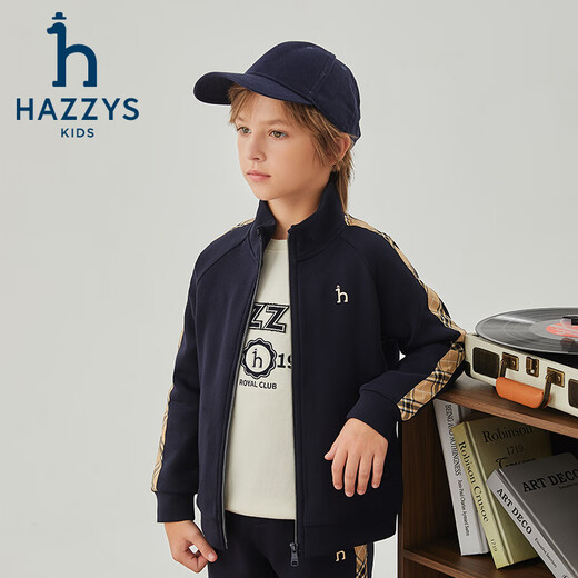 哈吉斯（HAZZYS）品牌童装男童套装秋季新款弹力舒适休闲时尚立领格纹拼接套装 藏蓝 155