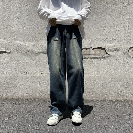 Black Box White Jeans Primavera y verano New American Retro Brand Retro Brand High Street Lo suelto Diseño de nicho de nicho Pantalones directos DDD-675 Azul L