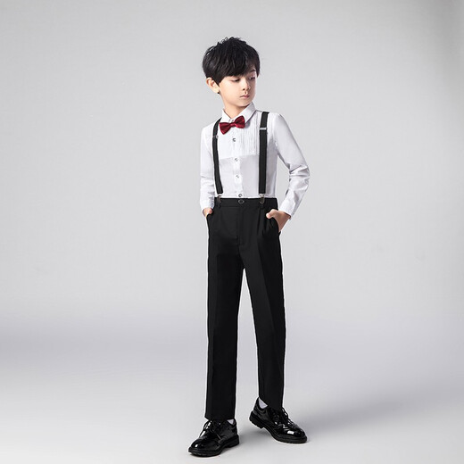 Bohemian long-sleeved children's chorus costumes girls dance skirts boys suspenders primary school students host recitation performance costumes white-black long-sleeved trousers (velvet shirt) 150