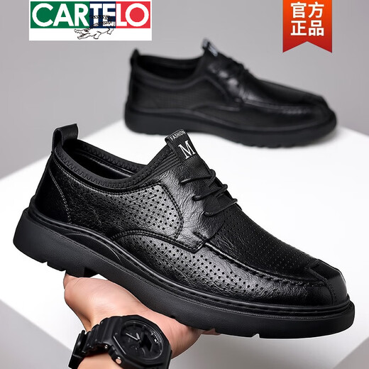 Cartelo Chaussures en cuir masculin Summer 2025 Nouvelle semelle en cuir authentique douce Sole Breatte Dad Chaussures Business Casual Hollow Sandales FLL9225 Black Four Seasons 38