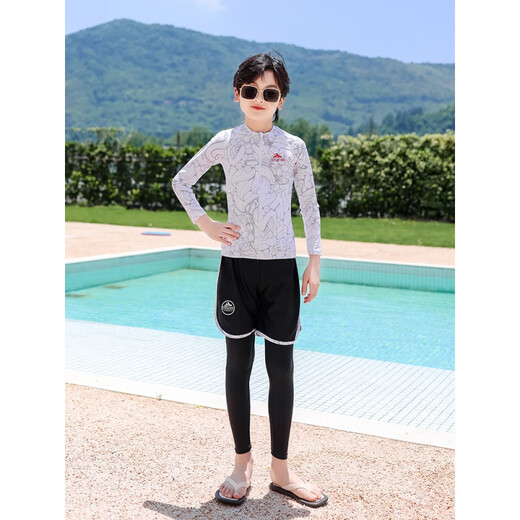 ZKHE sun protection quick-drying swimsuit boys' small, medium and large children's long-sleeved trousers teenagers men's split wetsuit swimsuit 009 three-piece set swimming cap boy XL 30-40Jin Jin equals 0.5 kg