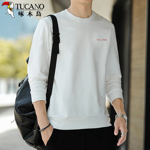 Woodpecker (TUCANO) Sweater Men's Trendy Loose Round Neck Long Sleeve T-Shirt Student Fashion Casual Pullover Top Men White XL