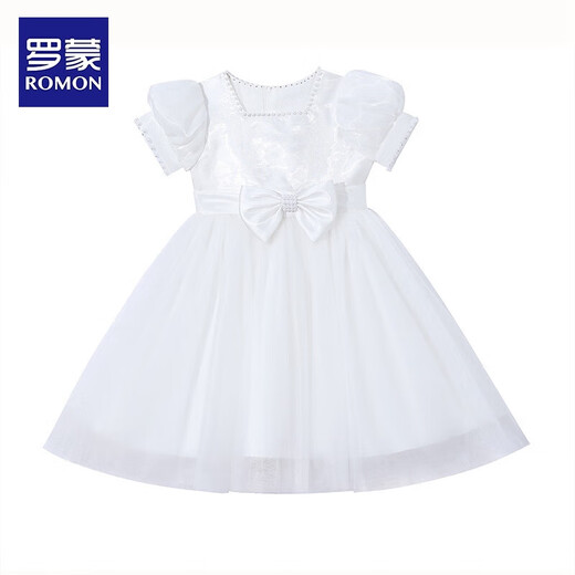 罗蒙毕业演出主持人礼服女童毕业白色公主裙生日花童钢琴 白色130