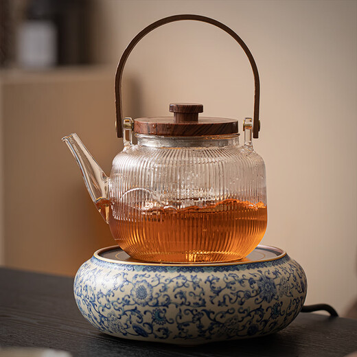 Xi Yuanji blue and white Ru kiln electric pottery stove for tea kettle and stove tea pot household thickened high temperature resistant glass tea kettle and kettle flowery beige Ru kiln round melt electric pottery stove + transparent vertical pattern lifting beam kettle