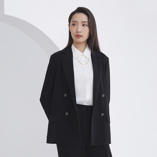 雅戈尔（YOUNGOR）套西上衣女673款双排一粒扣宽松版西服垂感挺括新品商场同款 黑色 L 170/92A