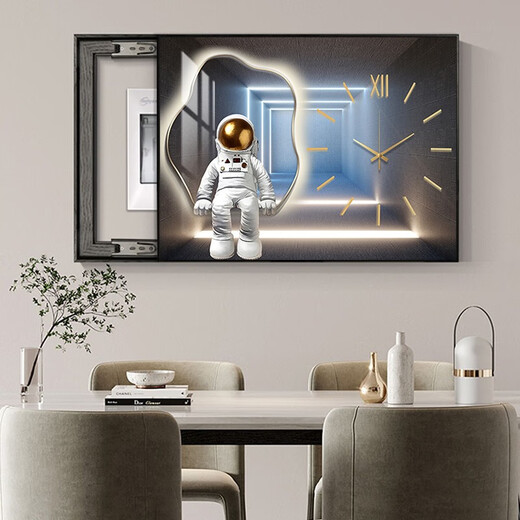 Chengzi Light luxury electric meter box decoration painting with clock distribution box cover without holes Modern simple hanging painting Astronaut clock K11965 45*35cm (block 35*25) black frame with cover