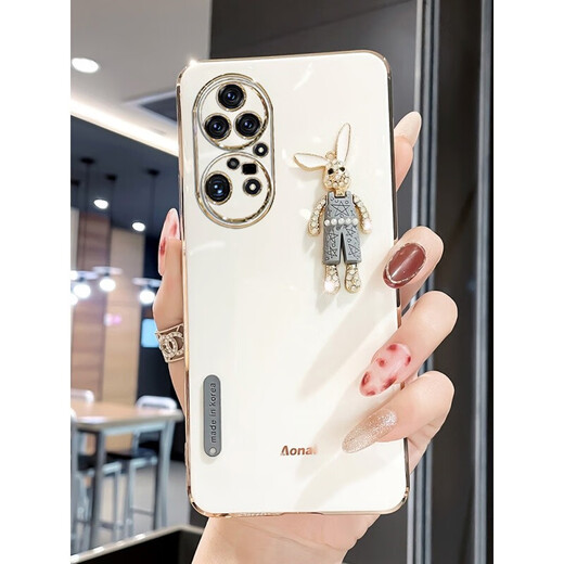 Quick dance Huawei P50pro mobile phone case for women cute diamond-set rabbit personality P50 internet celebrity trendy creative 50e lens full-cover anti-fall 5g silicone soft protective case Huawei P50 Pro [Elegant White] Electroplating rhinestone rabbit