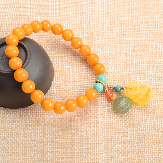 Her generation beeswax bracelet amber chicken fat yellow Pixiu jade shell bracelet birthday with certificate 8MM beeswax (866003)