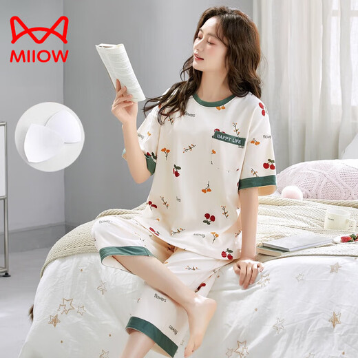 猫人（MiiOW）纯棉睡衣女士夏季带胸垫薄款短袖七分裤外穿休闲夏天家居服套装 带胸垫七分：Y-2601 女XL码