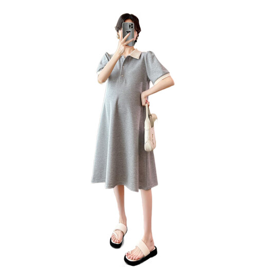 PREGNAND MUTTERITY KEID KEIS SUMMER 2025 Trendy Mutter Mutterschaftskleid Sommer Lapel T-Shirt Mode und locker großer Rockgrau XL (Empfohlen 125-145jin [Jin gleich 0,5 kg])