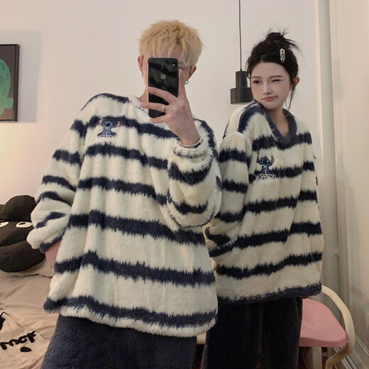 Mengdong Korean Stitch Cartoon Couple Pajamas for Men and Women Autumn and Winter Plus Velvet Thickened Striped Plush Home Clothes Two-piece Set TM#8920 Striped Stitch 2XL Men's Style (145-170 Jin Jin is equal to 0.5 kg)