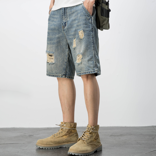Boyuni American Casual Retro Bettler zerrissen Denim Shorts Männer lose trendige hübsche fünf Punkte Hose Dünne mittelgroße Hosen PG-719 Blau 30