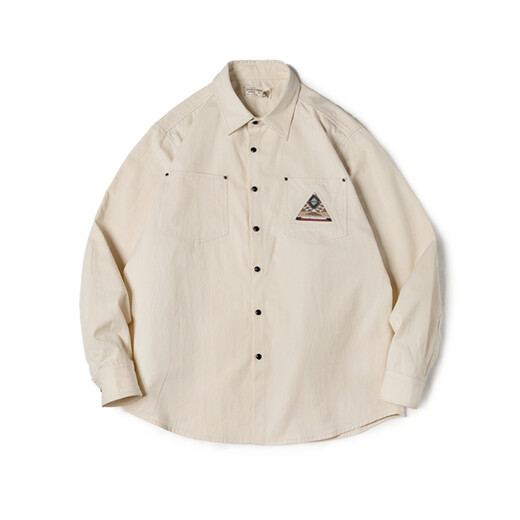 Madden workwear American retro long-sleeved shirt men's Indian totem patchwork pocket stacked cotton shirt spring off-white S