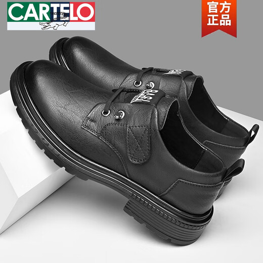 卡帝乐鳄鱼（CARTELO）2025春秋真皮大头休闲皮鞋男款软底英伦风马丁工装鞋子男加绒棉鞋 9908黑灰色 38
