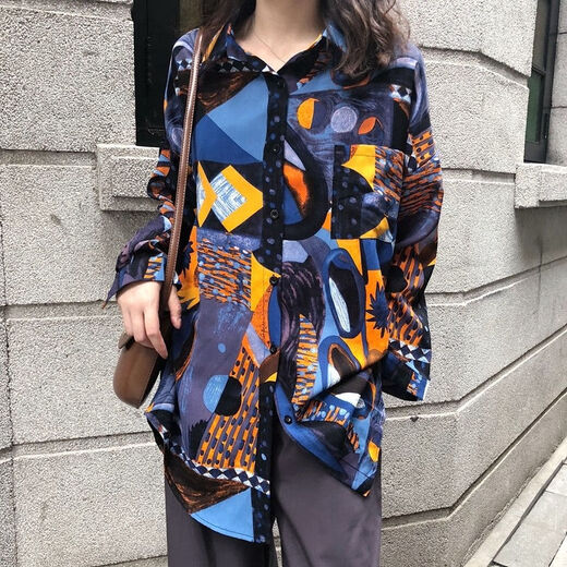ZHIDOUDOU衬衫女春秋新款韩版宽松印花衬衣港味复古长袖衣外套 a 9712 S  收藏店铺ONG小礼物