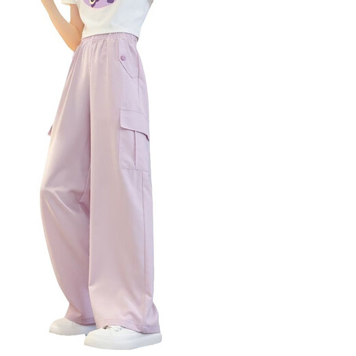 艾卡诺 I.KARNOW女童裤子夏季薄款儿童阔腿裤冰丝工装裤女孩休闲夏装大童防蚊裤 15029粉色+9889白色【套装】 120