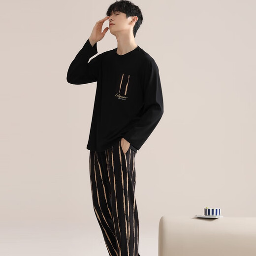 Cat men pajamas men pure cotton long sleeve trousers full cotton pullover teenagers wear large size loose home clothing suit 9249 black 3XL [recommended 160-190Jin [Jin equals 0.5 kg]]