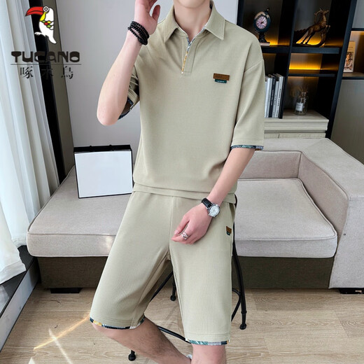 啄木鸟（TUCANO）男士夏季衬.衫领短袖T恤一套搭配青少年时尚休闲两件套运动潮套装 MTZ719白色套装 M