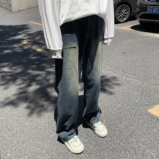 Black Box White Jeans Primavera y verano New American Retro Brand Retro Brand High Street Lo suelto Diseño de nicho de nicho Pantalones directos DDD-675 Azul L