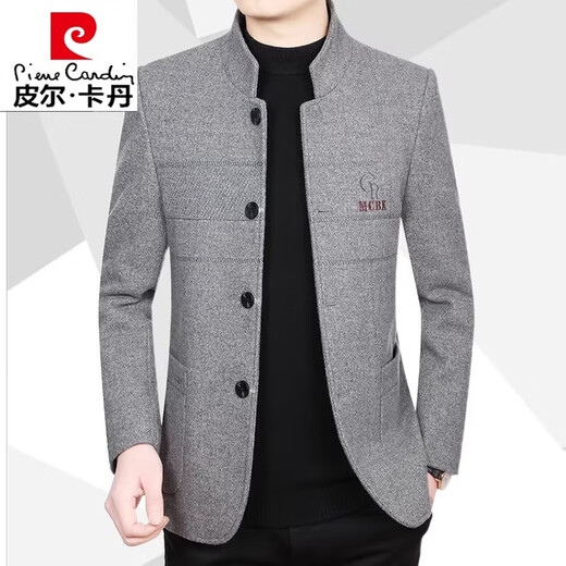 皮尔卡丹（pierre cardin）2024春秋新款中年男士高档羊毛呢夹克外套男立领休闲加厚中山装 浅咖色 180/XL(适合130-145斤)