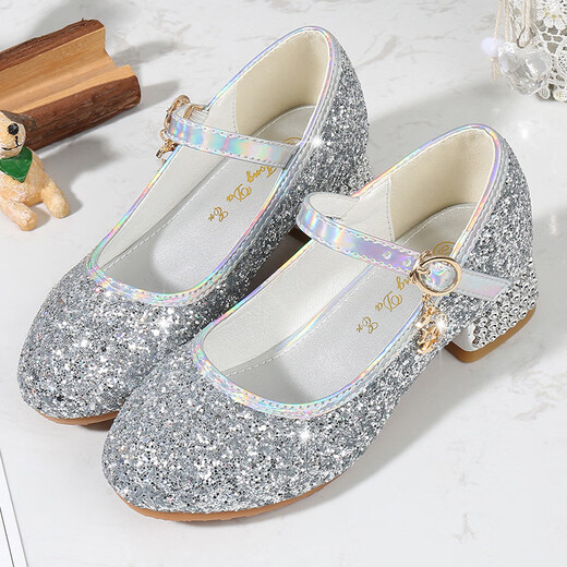 Xin Yueqing girls high heels fashion catwalk performance host shoes girls silver crystal princess shoes medium to large girls single leather shoes silver 36 inner length 22 cm