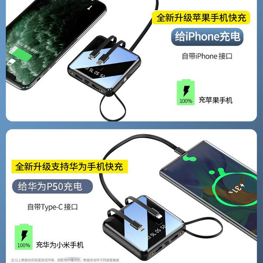 ZNNCO power bank 20,000 mAh small and portable with cable mini fast charging large capacity mobile power supply to be on board the plane suitable for Apple and Xiaomi mobile phone 20,000 mAh five-out three-in丨steel black