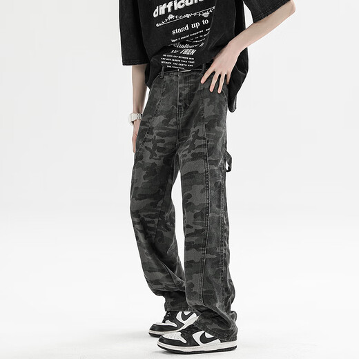 Homlean amouflage jeans jeans jeans Men's Awumn Loose American Mardy Brand Прямые повседневные длинные брюки HS42 Camouflage Black XL