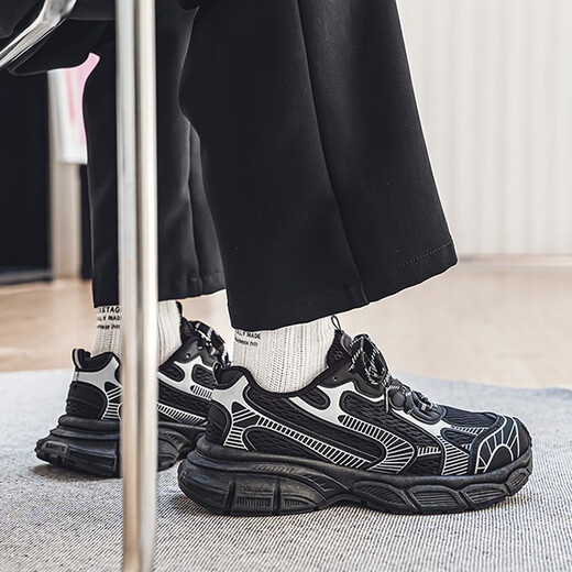 贞喜气男鞋秋季2025新款老爹鞋休闲运动黑色工作鞋防滑耐磨百搭鞋子男 L727黑色【43码】