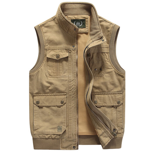 New casual pure cotton vest men's spring and autumn multi-pocket vest middle-aged men's horse clip big vest daddy coat Khaki 2XL 54
