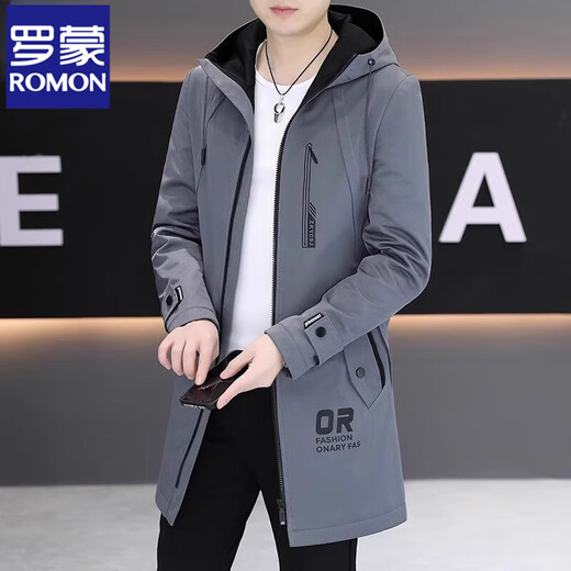 ROMON windbreaker men's mid-length 2025 autumn and winter new velvet coat slim and handsome windbreaker cotton jacket casual trendy brand K70 gray velvet velvet 2XL recommended 145-160Jin Jin is equal to 0.5 kg