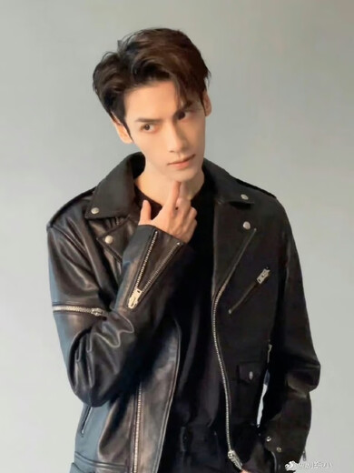 Customized Luo Yunxi's same style leather jacket, sheepskin slim fit, Korean style belt, soft wallet, trendy and handsome motorcycle men's jacket, black XL
