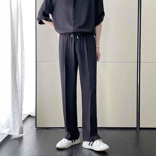 Fearless Forward (GQWWQX) Sommer Ice Seidenanzug Männer modisches Freizeithemd Straight Hosen zweiteiliger und vielseitiger K683 Khaki M.