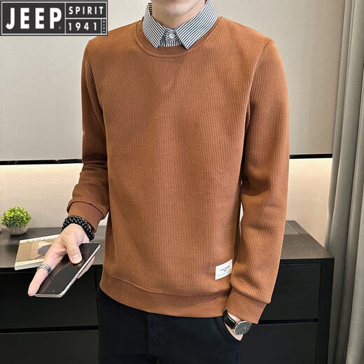 吉普（JEEP）衬衫领卫衣男2025新款秋季潮流修身假两件套头上衣打底针织T恤 友谊9893 白色 M 90到105斤