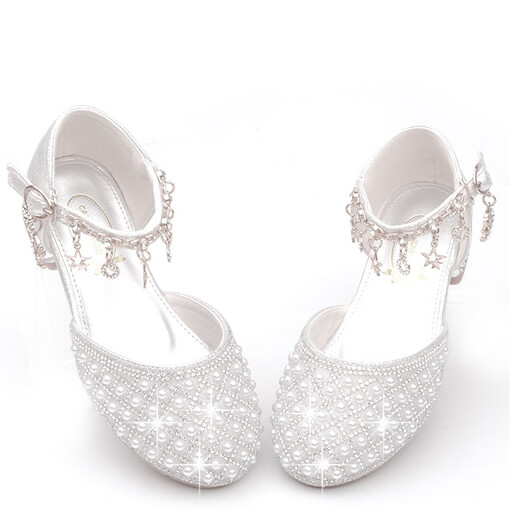 Bu Lian Cat Girls Princess Shoes Children's Small Leather Shoes 2024 New Little Girls High Heels Soft Bottom White Pearl Crystal Shoes Trendy Silver White 26
