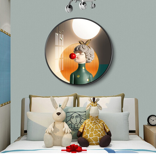 Villa round crystal porcelain painting bedroom decoration painting modern simple abstract cartoon characters children's room hanging painting room bedside painting 13886 Young girl [default black frame] High-transparent crystal porcelain surface diameter 50