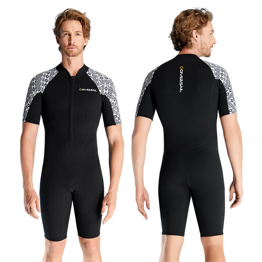 DIVE&SAIL3MM one-piece wetsuit for men and women, short-sleeved, long-sleeved, cold-proof, thickened thermal clothing, snorkeling suit, surfing suit, swimsuit, men's black short style L