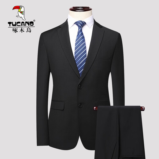 Woodpecker suit suit men's suit trousers business casual formal fit no-iron elastic versatile professional attire men's suit black two buttons (suit + trousers) 175/L