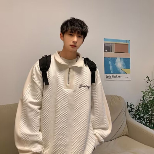 
POUM men's joint waffle sweatshirt men's autumn and winter new style teenager American trendy loose casual top jacket men JCF-679 white 3XL