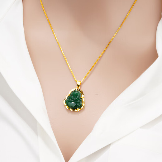 Jianyingsi 9999 gold color jade Buddha necklace gold plated clavicle chain for female couple gold inlaid jade Maitreya Buddha jade pendant simulation 18K plated Maitreya Jade Buddha light green + necklace