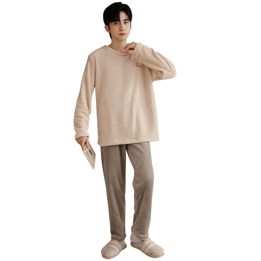 Nanjiren Men's Pajamas Men's Autumn and Winter Plus Velvet Flannel Pullover Can Be Weared Outside Home Clothes Set Embroidered Rice XL