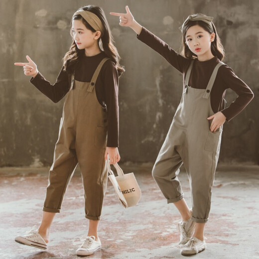 Omi Mouse children's clothing girls suit 2019 spring and autumn children's long-sleeved T-shirt overalls suit Korean style casual clothes primary school students and older children's school uniforms new products 3-14 years old girls two pieces khaki size 140 recommended height 130-140CM