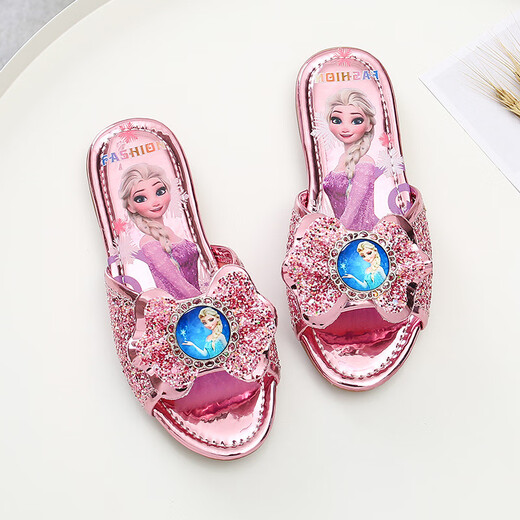 Girls' slippers summer Elsa crystal little girl's indoor fashionable outdoor wear soft-soled Elsa Princess children's slippers T-81 pink (two sizes too small) 26 yards/inner length 16.2cm