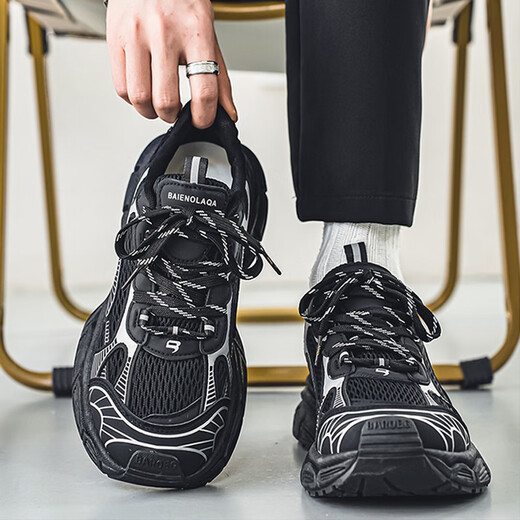 贞喜气男鞋秋季2025新款老爹鞋休闲运动黑色工作鞋防滑耐磨百搭鞋子男 L727黑色【43码】