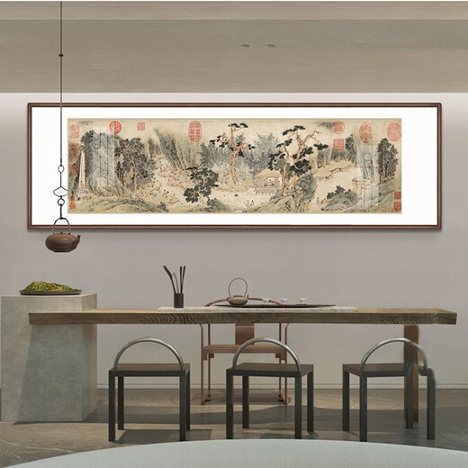 Wanyi Fuchun Mountain Residence Picture, Traditional Chinese Painting, Landscape Painting, High-end New Chinese Style Living Room Decoration Painting, Scenery Sofa Background Wall, Office Calligraphy and Painting, Tea Room Hanging Painting, Backer Picture, Lucky Drawing, Ink Mural, Visiting Friends with Piano Picture, 65*205cm (cardboard finely mounted, plexiglass, walnut color frame)